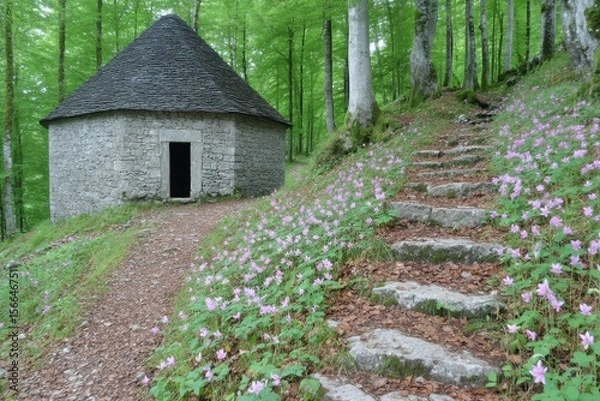 Obraz A small stone building in the middle of a forest