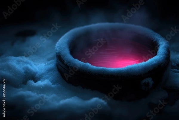 Obraz A bowl of water in the snow with a red light inside
