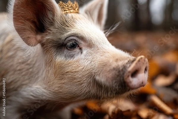 Obraz A pig with a crown on its head in the woods