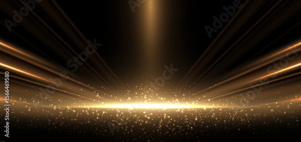 Fototapeta Abstract elegant gold glowing beam with lighting effect sparkle on black background. Template premium award design.
