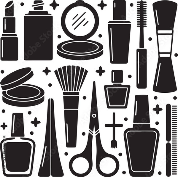 Obraz Black And White Beauty: A sleek array of cosmetics, from lipstick to nail polish, presented in a bold black and white palette. Perfect for minimalist designs or highlighting the essentials.