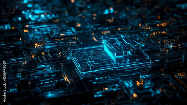 Fototapeta Futuristic Technology: Complex circuit board illuminating with blue and orange lights, symbolizing advanced processing unit, digital connectivity and high tech infrastructure