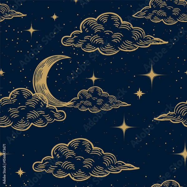 Fototapeta Starry magic night sky seamless pattern background. Bright golden moon, stars, clouds and constellations wallpaper. Space backdrop. Dark Sky with shiny stars. Vector Illustration.