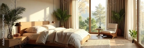 Fototapeta Serene Bedroom Sanctuary Soft Lighting, Calming Colors, and Natural Textures Create a Peaceful Space for Restful Sleep and Mindful Mornings