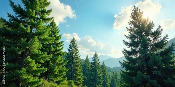 Fototapeta Lush green fir trees stand tall against a vibrant summer sky, sunlight dappling through the branches Perfect for nature, forest, and summer themes , needles, august, calm