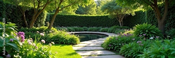 Fototapeta Serene Backyard Oasis Stone Pathway, Lush Greenery, and Tranquil Water Feature Perfect for Relaxation and Outdoor Living