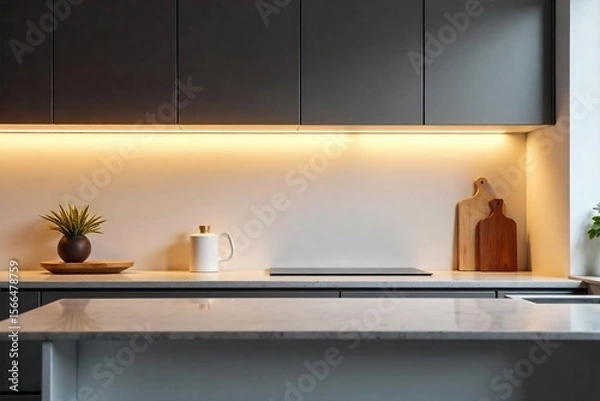 Fototapeta Warm LED Pipe Lights Illuminate Minimalist Kitchen, Casting Soft Glow on Counter and Backsplash - Perfect for Interior Design Inspiration
