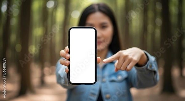Obraz Woman Showing Blank Smartphone Screen in Forest Setting