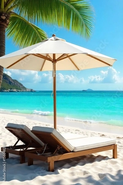 Fototapeta Relaxing beach scene with comfortable beds positioned under a large beach umbrella offering shade and comfort for a perfect seaside escape , waves, travel, sun