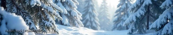 Fototapeta Majestic winter pine tree covered in a thick blanket of snow, its branches laden with glistening ice crystals, a serene winter wonderland scene , frozen, tree, pine