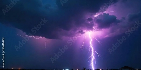 Fototapeta Dramatic Thunderstorm with Intense Lightning and Torrential Rain Unleashed, Ominous Dark Clouds, Powerful Nature Scene