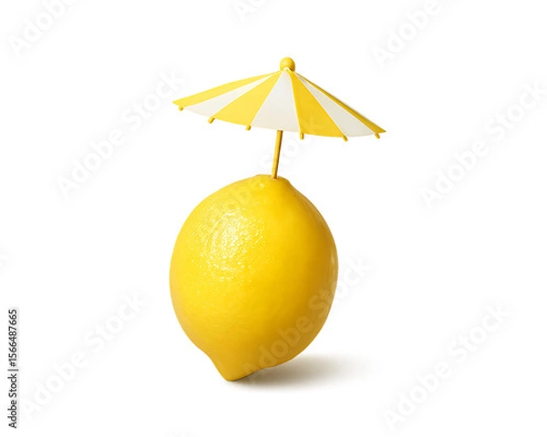 Fototapeta A creative summer concept featuring a fresh yellow lemon with a tiny cocktail umbrella. A fun and quirky food graphic isolated on a transparent background, PNG.