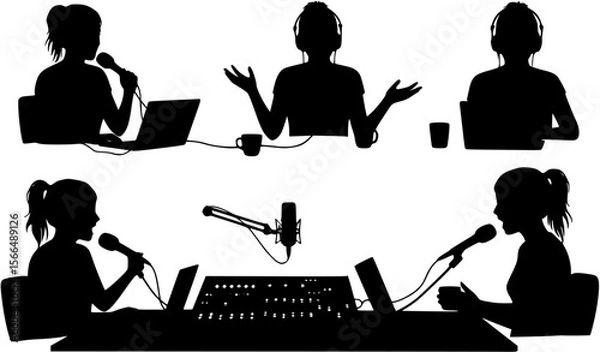 Fototapeta vector silhouette of a blogger hosting a podcast on a white background . Generative AI
