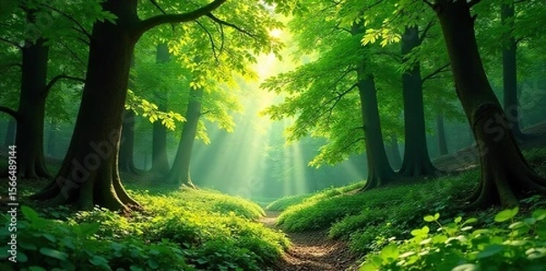Fototapeta Lush green forest canopy, dappled sunlight filtering through leaves, vibrant foliage, tranquil nature scene Perfect for nature, environmental, and travel themes , ecosystem, vibrant, plants