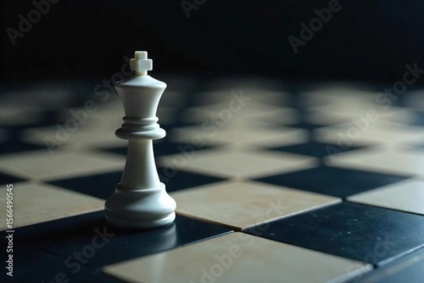 Fototapeta A lone chess piece, a white pawn, advances across the dark squares of a chessboard, representing a strategic move in a game of chess , advancement, victory, knight
