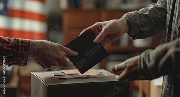 Fototapeta Close-up of two hands casting black cardboard into the voting box, with an American flag in the background.