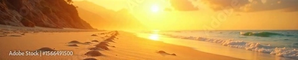 Fototapeta Intense summer sun beating down on a deserted, sun-baked beach; heat haze shimmering over the sand; a feeling of intense stillness and quiet summer heat , nature, tranquil