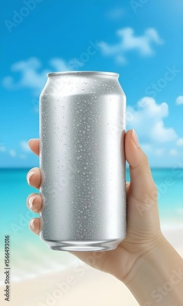 Fototapeta Close-up of a female hand holding a cold, blank aluminum can with condensation. The background shows a beautiful tropical beach, creating a refreshing summer vacation sce