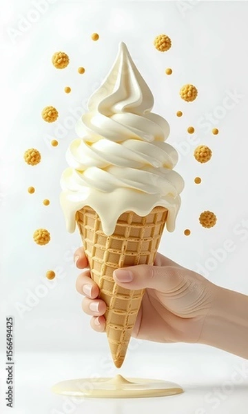 Fototapeta A female hand holds a melting vanilla soft-serve ice cream in a waffle cone. Levitating cereal toppings add a dynamic touch. Isolated on a clean white background, perfect for dessert or 