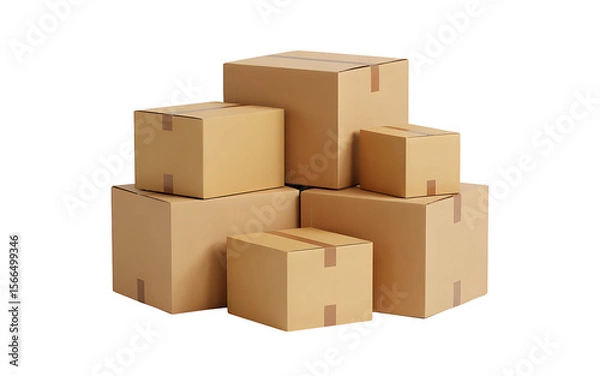 Fototapeta Stack of various sized cardboard moving boxes isolated on a white background