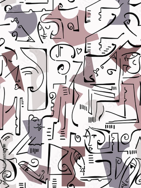 Obraz Abstract drawing of women's faces with black lines on a colored background.Seamless pattern.