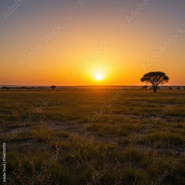 Obraz Solitary Tree Silhouetted Against Vibrant Sunset Over Expansive Field