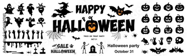 Obraz Set of silhouettes of Halloween on a white background. Vector illustration