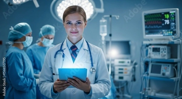 Fototapeta Doctor Utilizing Advanced Digital Tablet Technology in Modern Healthcare. Medical Professional in Operating Room Analyzing Real-Time Patient Data, Cutting-Edge Medical Innovations and solutions.
