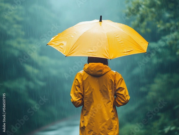 Fototapeta Person in yellow raincoat walking with umbrella in the rain