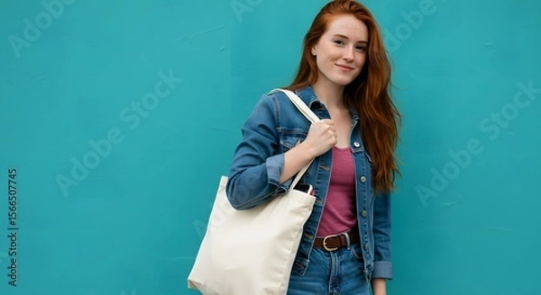 Fototapeta Redhead Woman with Tote Bag Against Teal Background Fashion, Style, and Eco-Consciousness