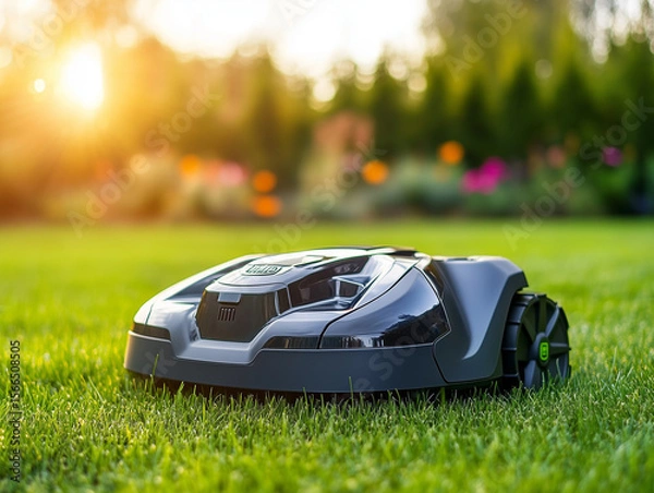 Fototapeta Robotic lawn mower on green grass at sunset in garden