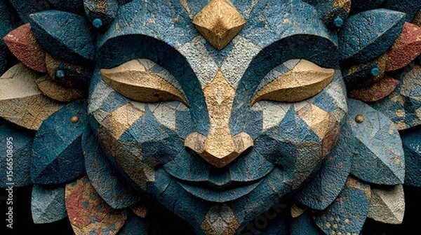 Fototapeta Colorful geometric stone mask with peaceful and joyful expression