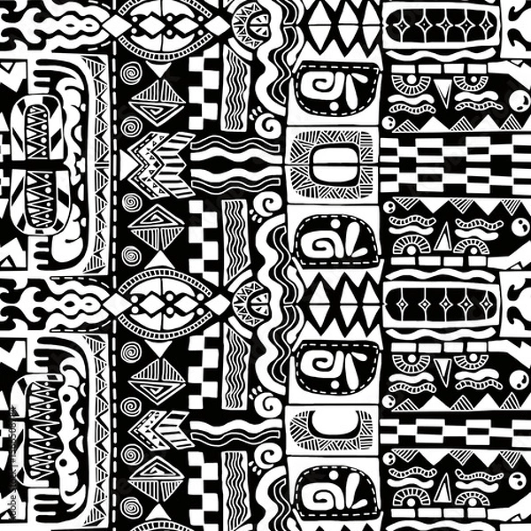 Obraz A black and white hand-drawn drawing in the Mexican style.Seamless pattern.	
