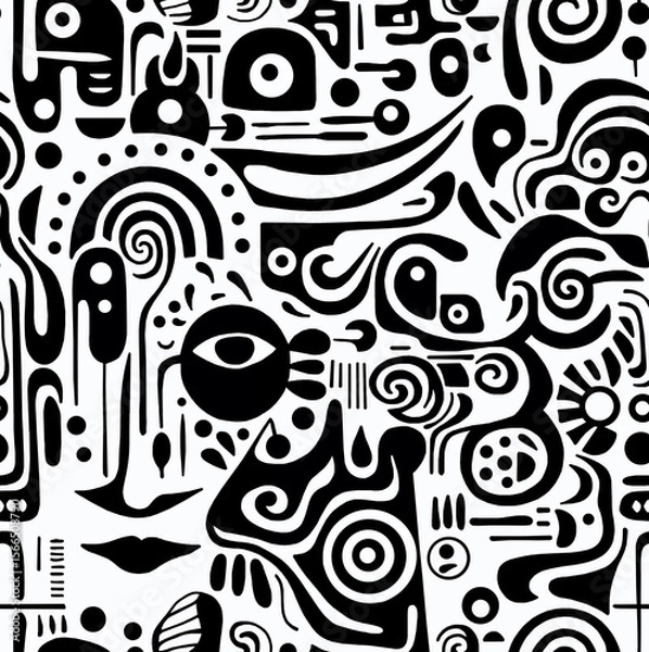 Obraz A black and white hand-drawn drawing in the Mexican style.Seamless pattern.	
