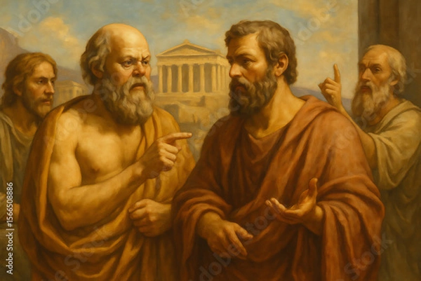 Fototapeta Ancient philosophers in discussion with classical architecture background oil painting style