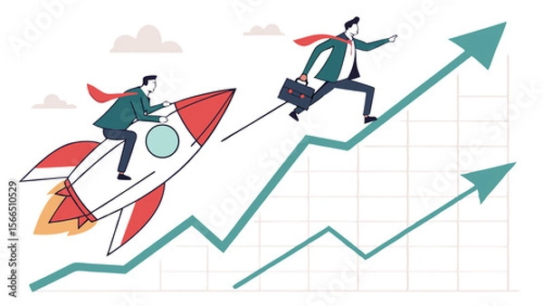 Fototapeta Vector Growth and success in business, Two businessmen on rocket and running,