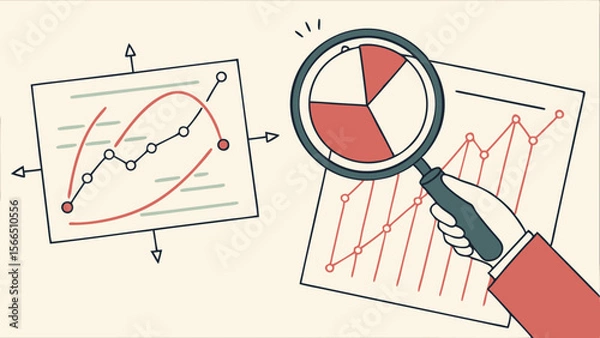 Fototapeta Analyzing data with magnifying glass reveals insights from charts and graphs