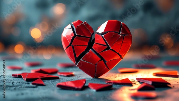 Obraz Shattered Red Heart with Scattered Pieces