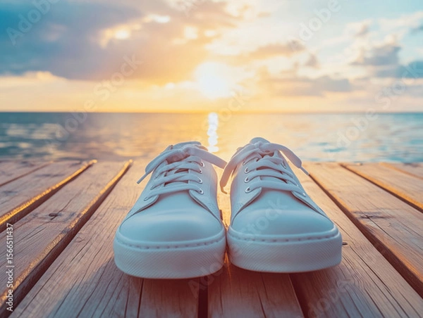 Fototapeta White sneakers on wooden pier at sunset by the sea