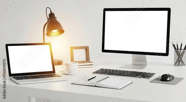 Fototapeta Modern minimalist workspace with dual screen mockup. Clean home office desk with computer, laptop, and glowing lamp for productive remote work or web design presentation.