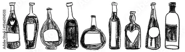 Fototapeta Set of vintage bottle silhouettes hand-drawn with wax crayons – rustic black and white sketch style illustration for packaging, bar menus, branding, and design projects.