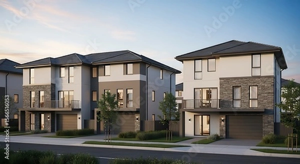 Fototapeta Photorealistic 3D rendering of a modern suburban townhouse development at dusk. Contemporary residential homes with stone facades and landscaped front yards in a new property community.