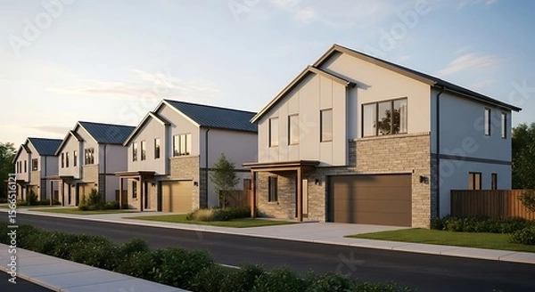 Fototapeta A row of modern suburban houses with contemporary architecture in a new real estate development, shown along a quiet street at sunset.