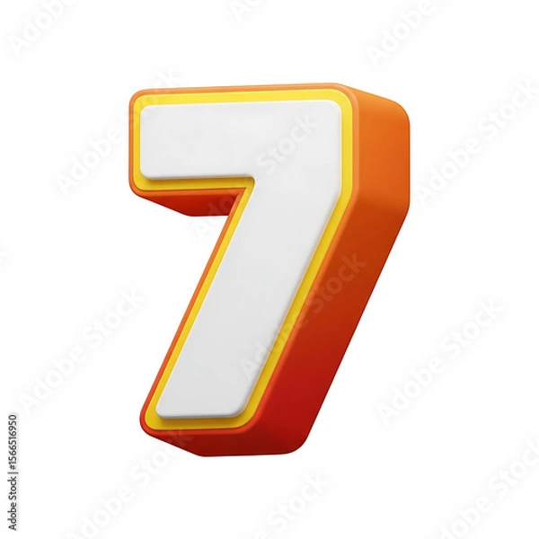 Fototapeta Colorful 3D number 7 icon with a bold, layered design in orange, yellow, and white. Playful modern numeral symbol for typography and graphic design, isolated on a black background.