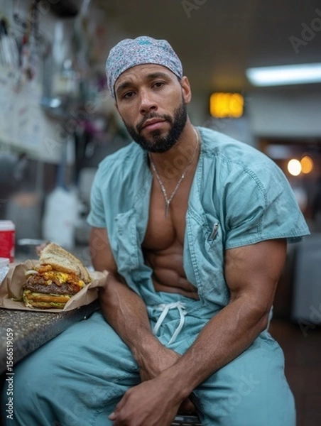 Fototapeta Man in medical scrubs with a cap sitting at a counter with a burger in a casual indoor setting
