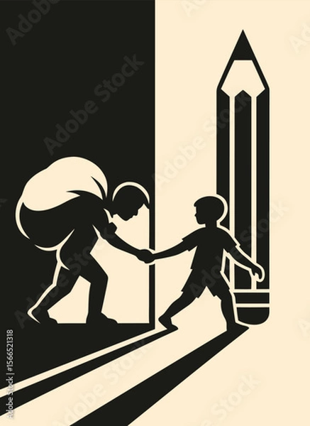 Obraz A vector art poster for "World Day Against Child Labour." The image is split into a dark and a light side. On the dark side, a silhouette of a child carries a heavy sack