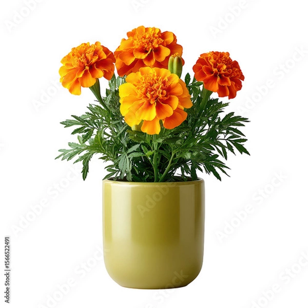 Fototapeta Vibrant Orange Marigold Flowers in Bright Olive Pot Displayed on White Background