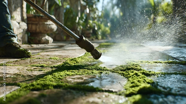 Fototapeta Removing moss from sidewalk slabs using a water jet from a pressure washer