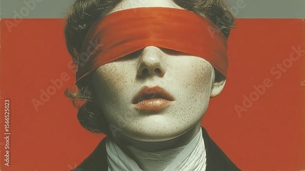 Fototapeta Minimalist portrait of a woman with red blindfold and lipstick