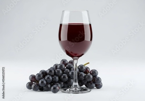 Fototapeta Red Wine and Grapes Still Life - A glass of red wine sits beside a bunch of dark red grapes, symbolizing harvest, fermentation, indulgence, celebration, and tradition